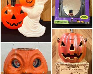 A Ghostly Bubble Light by Bethany Lowe Designs, a vintage pulp Halloween jack-o'-lantern candy container and a two-sided cast iron jack-o'-lantern tea light luminary 