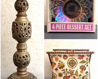 vintage ornate brass pillar candlestick holder, vintage iridescent glass dessert or serving set, and a a vintage folding wooden knitting and sewing basket. 
