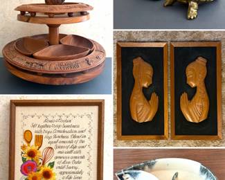 a vintage mid-century modern 3-tier monkey pod wood lazy Susan serving tray, a vintage framed crewel embroidery piece, two vintage ceramic turtle planters, vintage mid-century modern pair of carved teak wood wall art plaques and a vintage mid-century modern ceramic boomerang dish. 