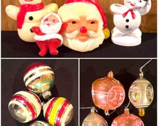 a collection of vintage mid-century Christmas decorations, including a plastic Santa head, a snowman figurine, and molded holiday ornaments. Vintage Shiny brite striped glass ornaments and a collection of vintage glass teardrop Christmas ornaments, 