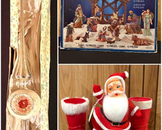 a vintage blown mercury glass finial Christmas tree topper, a Kirkland Signature 13-Piece Hand-Painted Nativity Set box. And a pair of vintage red plastic Santa boots holiday candy containers. Plus a vintage mid-century flocked dancing Santa Claus figurine. 
