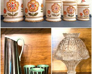 Vintage 1970s ceramic lidded canister set (made in Japan). a mid-century ceramic pitcher and matching cups. And a vintage clear lead crystal fairy lamp.