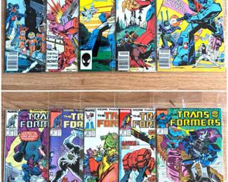 a lot of vintage The Transformers comic books published by Marvel Comics during the 1980s.