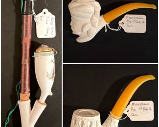 A vintage European porcelain hunting tobacco pipe, also known as a Jägerpfeife/Tyrolean smoking pipe. And a  handcrafted block meerschaum tobacco smoking pipes. Plus a a white, hand-carved block meerschaum tobacco pipe with a textured lattice/ stippled bowl finish with an amber  acrylic stem