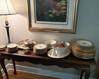 Console table, lamp, Lilly pad lithograph - framed and Lenox china