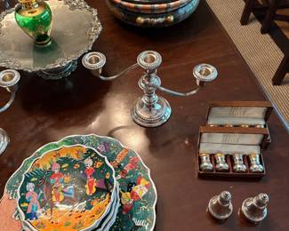 Sterling candelabra (set of 2), salt and pepper sets, and Italian pottery - hand-painted