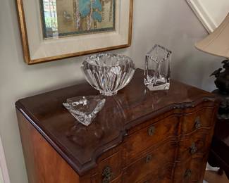 4-drawer chest and Orrefors crystal bowls and vases