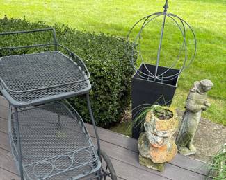 Woodard bar cart, planters - 2, cement figurines and planter