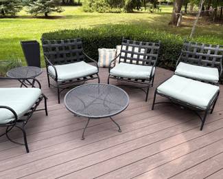 Brown-Jordan patio chair set with 4 chairs and ottoman, shown with Woodard coffee table and side table