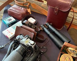Binoculars with custom leather case and 35mm camera