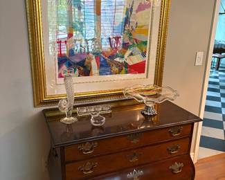 Mahogany Bombe chest of drawers, large-scale lithograph and crystal bowl with silver base and tiffany dish