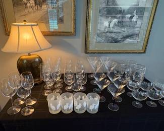 Martini, wine, and low-ball bar glasses, vintage brass lamp and above set of Equestrian vintage sketches