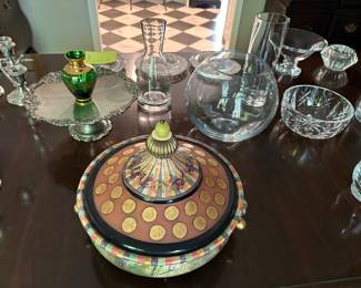 MacKenzie-Childs covered dish, and crystal bowls and vases