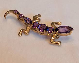 Amethyst Lizard Gecko Brooch Pendant 14K Yellow Gold