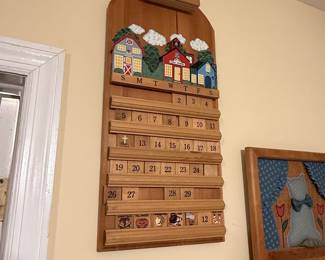 Vintage Wooden Perpetual Wall Calendar with Folk Art Schoolhouse Scene
