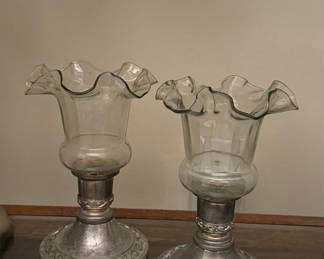 Vintage Pewter and Glass Hurricane Candle Holders