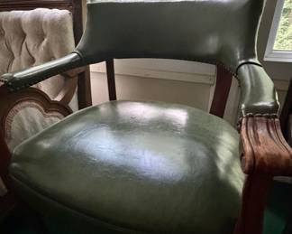 Vintage Green Leather Club Chair with Nailhead Trim