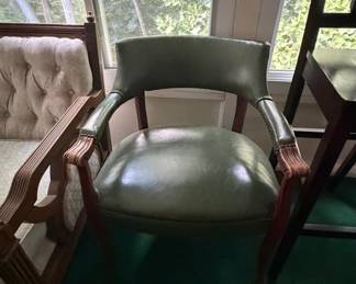 Vintage Green Leather Club Chair with Nailhead Trim