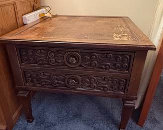 Vintage Carved Oak Side Table with Faux Drawers