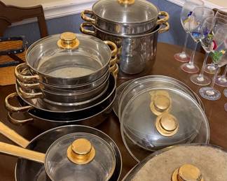 Vintage Stainless Steel Cookware Set with Gold-Tone Handles and Lids
