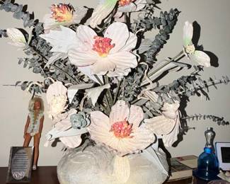 Vintage Hydrangea and Fern Floral Arrangement in Fluted Pedestal Urn