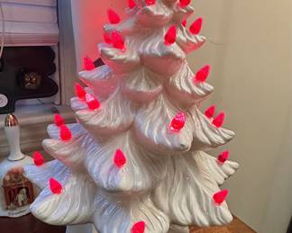 Vintage White Ceramic Christmas Tree with Pink Lights and Star Topper