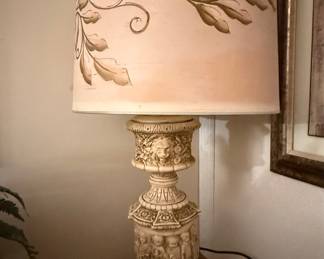 Vintage Neoclassical Cherub and Lion Mask Table Lamp with Leaf Motif Shade