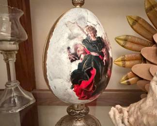 Vintage Guardian Angel Porcelain Egg on Pedestal