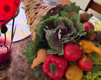 Woven Cornucopia with Artificial Fruit and Vegetables