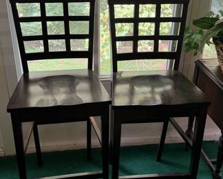 Vintage Dark Wood Grid-Back Bar Stools (Set of 2)
