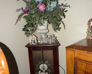 Vintage Hydrangea and Fern Floral Arrangement in Fluted Pedestal Urn