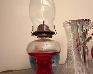 Vintage Red Glass Oil Lamp with Eagle Burner