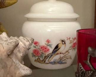 Vintage Avon Milk Glass Ginger Jar with Bird and Floral Motif