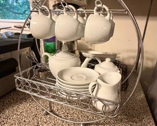 Vintage White Ceramic Tea Set with Chrome Rack