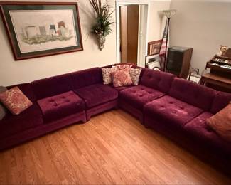 Vintage Plum Velvet Tufted Sectional Sofa