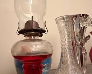 Vintage Red Glass Oil Lamp with Eagle P&A Burner