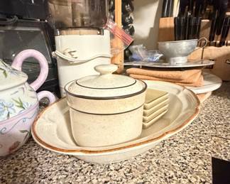 Vintage Stoneware Covered Casserole and Platter Set