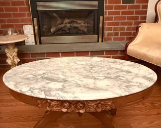 Vintage Oval Carved Wood and Marble Top Coffee Table