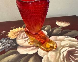 Vintage L.E. Smith Amberina Hobnail Glass Boot Toothpick Holder