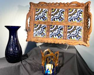 Blue glass vase, Mexican carved tray and tiles, hand blown votive