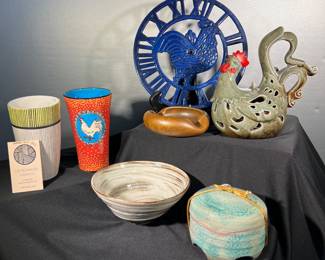 Two artist signed pottery cups, rooster votive and trivet, signed brown clay ashtray, pottery bowl and lidded box