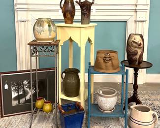 Plant stands and many interesting pieces of pottery, many signed