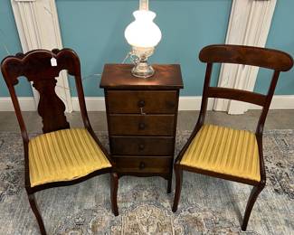Upholstered wooden chairs, small 4 drawer chest and glass parlor lamp