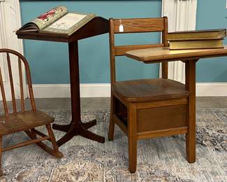 Child’s rocker, book stand, school desk