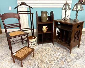 Wooden chair and footstool with caned bottoms, gentleman’s valet #2, three shelf stand, record cabinet, leaded glass lamps