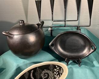 Candelabra, lidded clay pot, dish, etched b&w serving dish and matching lidded pot