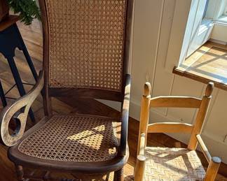 Victorian Style Cane Rocking Chair and Child's Rocker