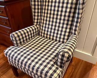 Navy and White Checkered Wingback Armchair