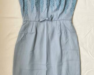 Vintage 1950s Style Blue Sheath Dress with Lace Applique