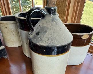 Stoneware Whiskey Jug and Crocks